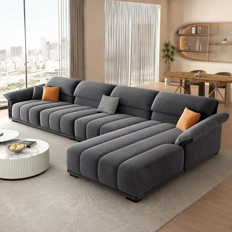 Aroma Homes Modern Luxury European Style Sofa - Plush Velvet Upholstery, Extra Wide Sectional with Chaise Lounge - Grey - Image 1